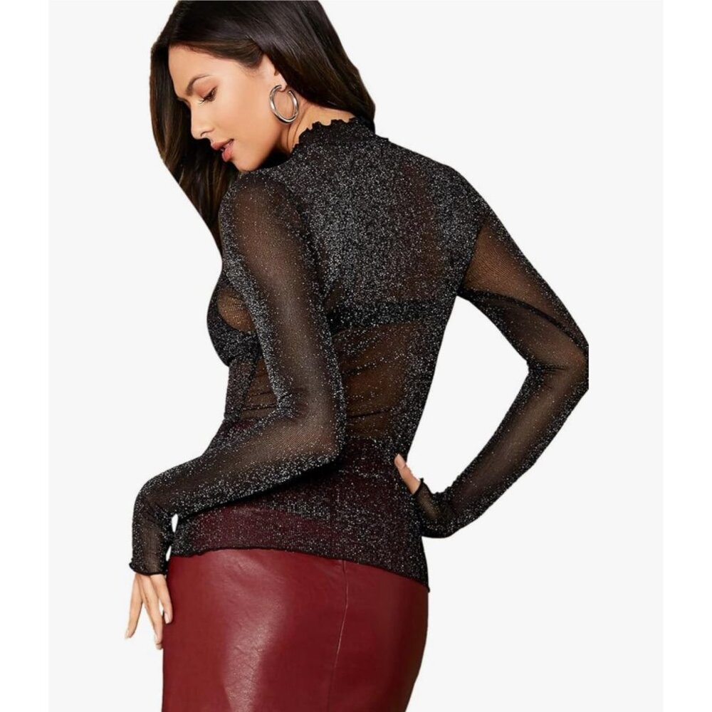 Black Shimmery Sheer Mock Neck Long Sleeve Top S | Rockstar Girlfriend Y3K Siren - Picture 9 of 16